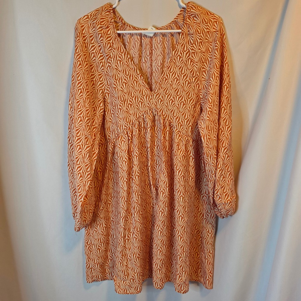 H&M Geometric Fan Print Babydoll Mini Dress‎ XS Orange Boho Retro Festival 70s